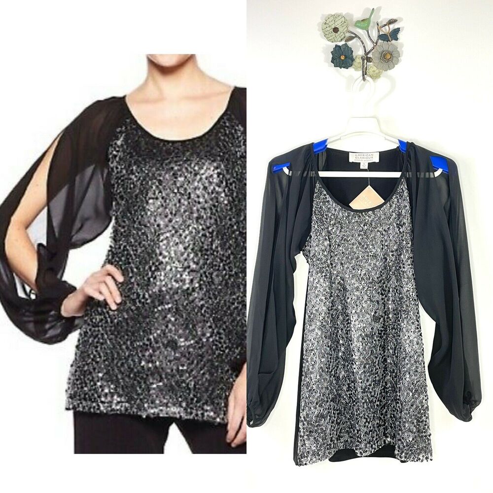 American Glamour Badgley Mischka Women Small Sequin Split Sleeve Blouse Black